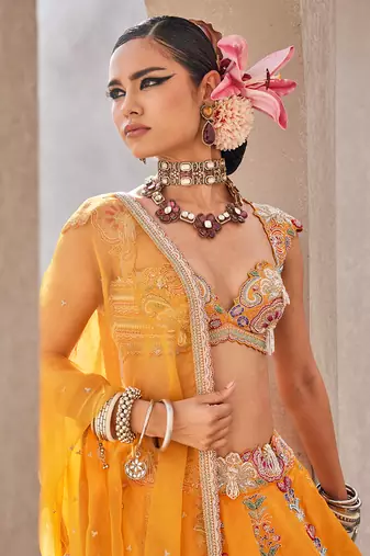 Yellow Satin Embroidered Lehenga With Blouse And Dupatta