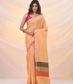 Yellow silk blend soft saree with temple zari border
