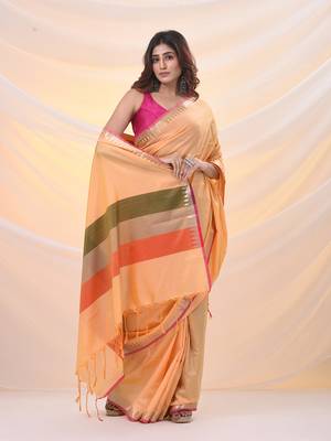 Yellow silk blend soft saree with temple zari border 2