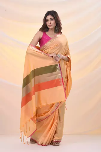 Yellow silk blend soft saree with temple zari border
