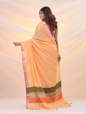 Yellow silk blend soft saree with temple zari border 3