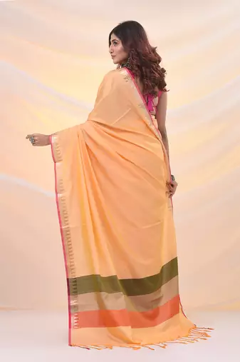 Yellow silk blend soft saree with temple zari border