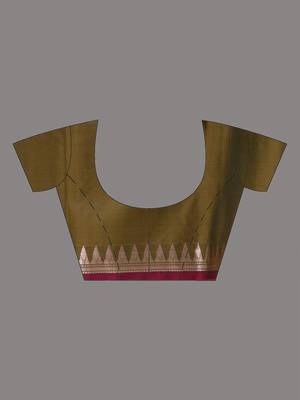 Yellow silk blend soft saree with temple zari border 5