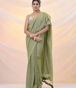 Green cotton handwoven soft saree with pompom