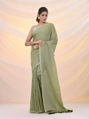 Green cotton handwoven soft saree with pompom 2