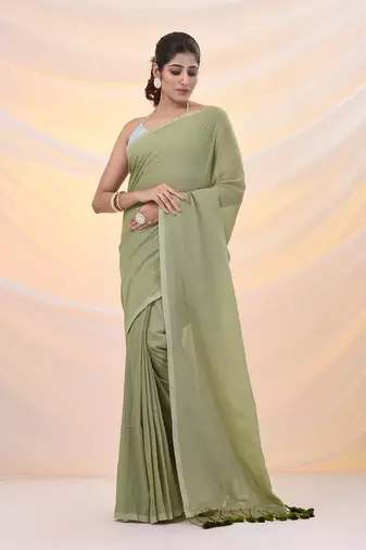 Green cotton handwoven soft saree with pompom