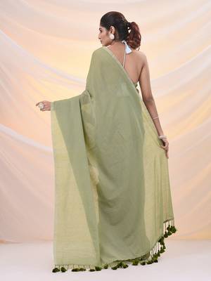 Green cotton handwoven soft saree with pompom 3
