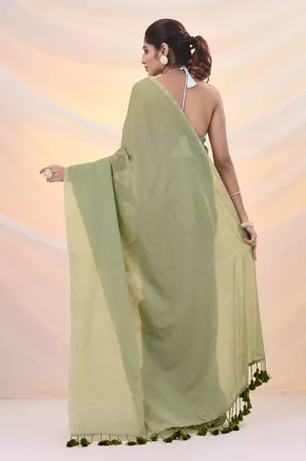 Green cotton handwoven soft saree with pompom