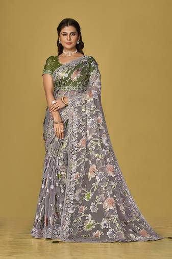 Grey organza brasso printed saree
