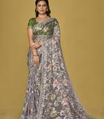 Grey organza brasso printed saree