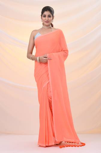 Orange cotton handwoven soft saree with pompom