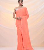 Orange cotton handwoven soft saree with pompom