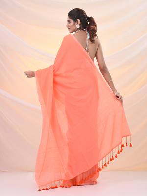 Orange cotton handwoven soft saree with pompom 3