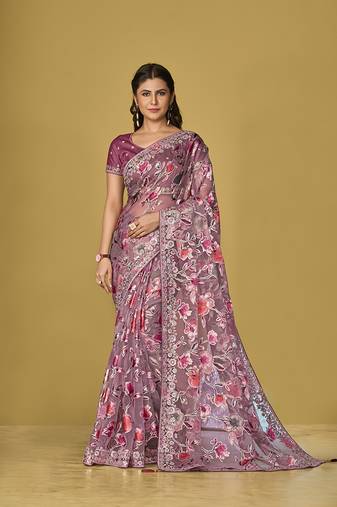 Mauve pink organza brasso printed saree