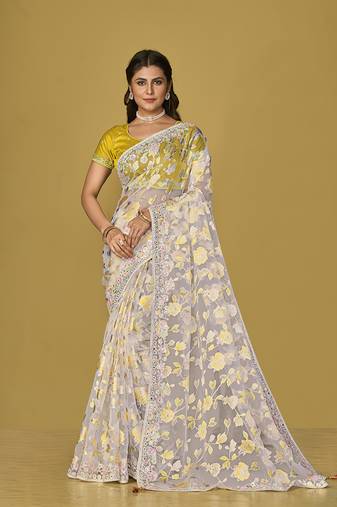 Off white organza brasso printed saree