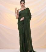 Moss green cotton handwoven soft saree with pompom