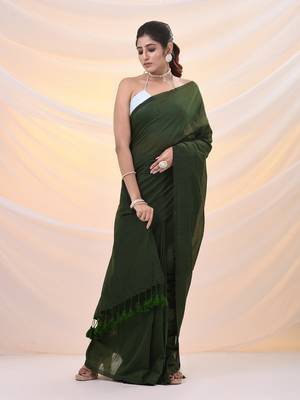 Moss green cotton handwoven soft saree with pompom 2