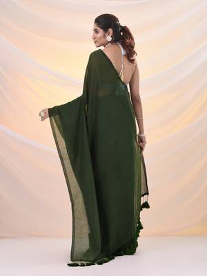 Moss green cotton handwoven soft saree with pompom 3