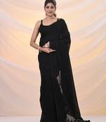 Black cotton handwoven soft saree with pompom