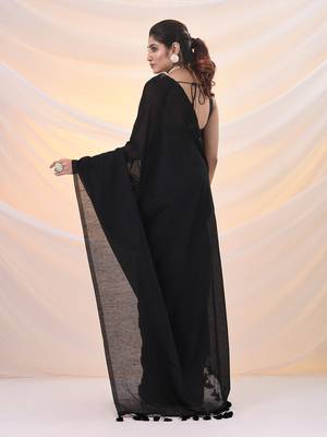 Black cotton handwoven soft saree with pompom 3