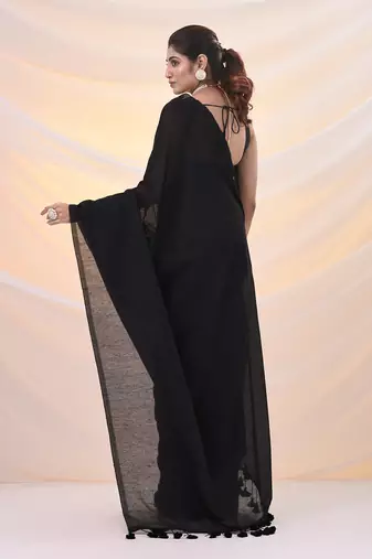 Black cotton handwoven soft saree with pompom