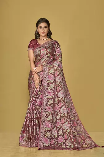 Burgundy organza brasso printed saree