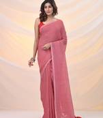 Salmon red cotton handwoven soft saree with pompom