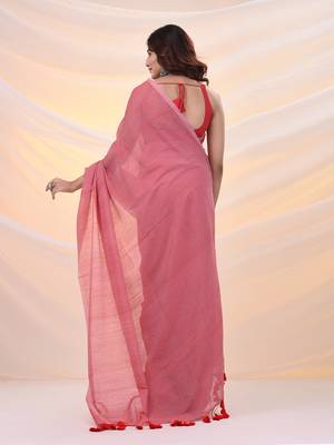 Salmon red cotton handwoven soft saree with pompom 3