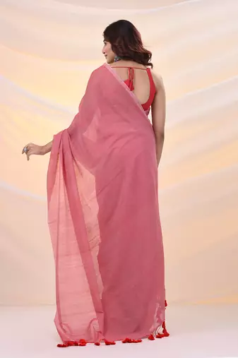 Salmon red cotton handwoven soft saree with pompom