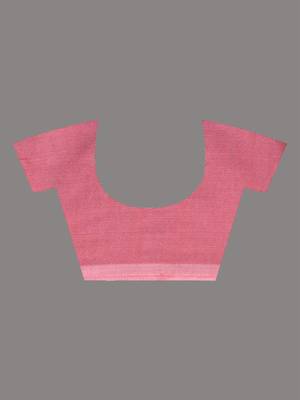 Salmon red cotton handwoven soft saree with pompom 5