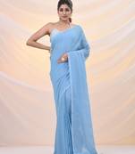 Sky blue cotton handwoven soft saree with pompom