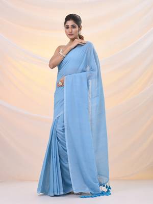 Sky blue cotton handwoven soft saree with pompom 2