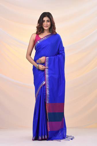 Blue silk blend soft saree with temple zari border