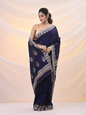 Navy blue cotton soft saree with woven designs 1