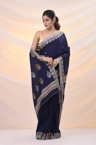Navy blue cotton soft saree with woven designs
