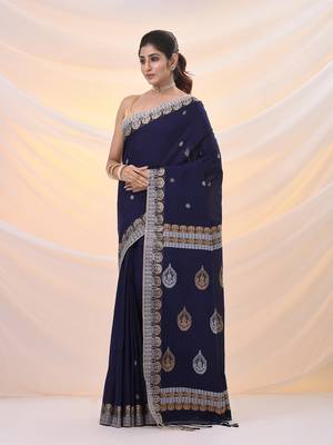 Navy blue cotton soft saree with woven designs 2