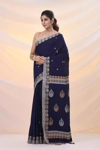 Navy blue cotton soft saree with woven designs