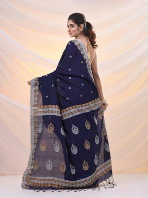 Navy blue cotton soft saree with woven designs 3