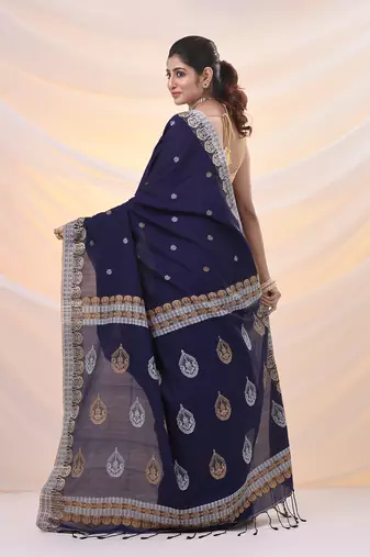 Navy blue cotton soft saree with woven designs