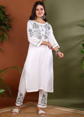 Floral embroidered chikankari straight cotton white & grey kurta with palazzos 1