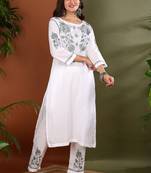 Floral embroidered chikankari straight pure cotton white & grey kurta with palazzos