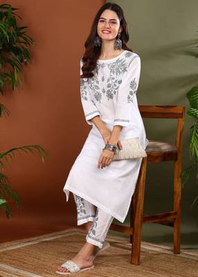 Floral embroidered chikankari straight cotton white & grey kurta with palazzos 3