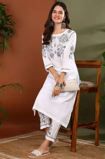 Floral embroidered chikankari straight cotton white & grey kurta with palazzos
