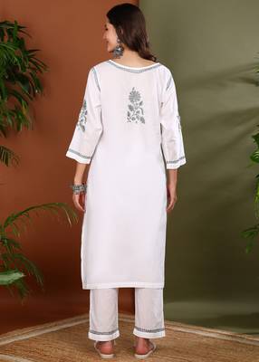 Floral embroidered chikankari straight cotton white & grey kurta with palazzos 4
