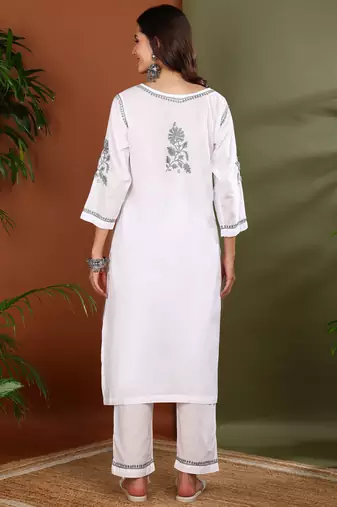 Floral embroidered chikankari straight cotton white & grey kurta with palazzos