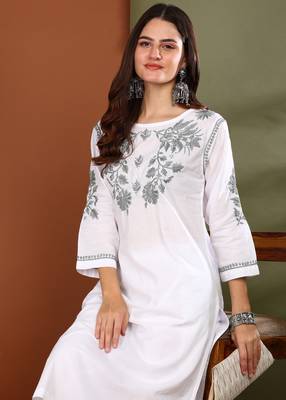 Floral embroidered chikankari straight cotton white & grey kurta with palazzos 5