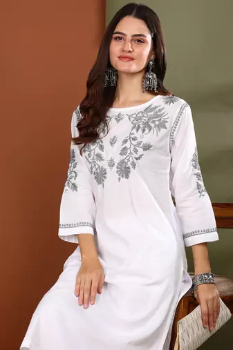 Floral embroidered chikankari straight cotton white & grey kurta with palazzos