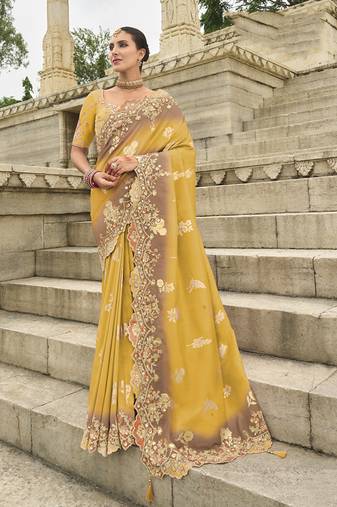 yellow Embroidered silk blend saree