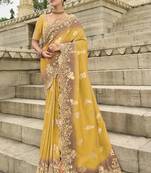 yellow Embroidered silk blend saree