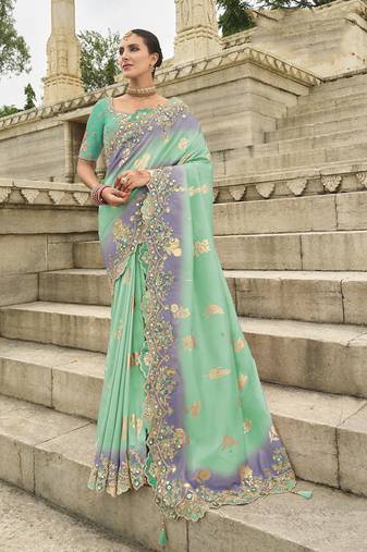 turquoise silk blend cut work saree